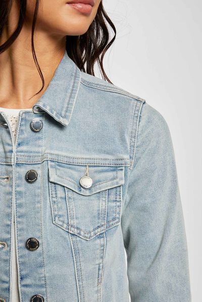 Straight buttoned denim jacket jean bleached ladies'