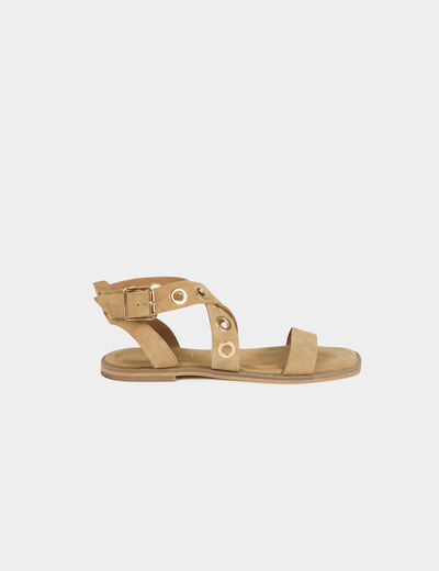 Flat suede leather sandals beige women