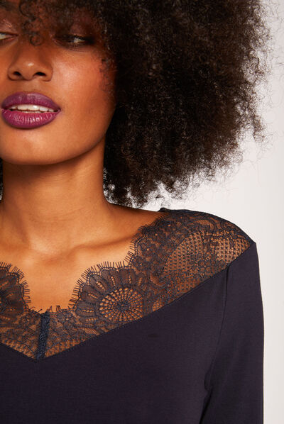 Long-sleeved t-shirt lace collar navy ladies'