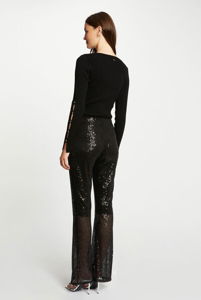 Wide leg trousers with sequins black ladies'