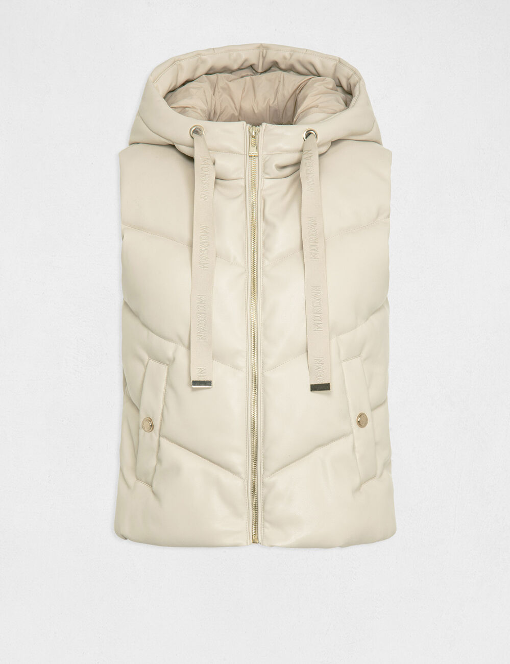Faux leather padded jacket with hood ivory women