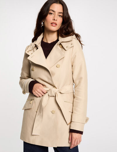 Waisted belted trenchcoat with hood sand women