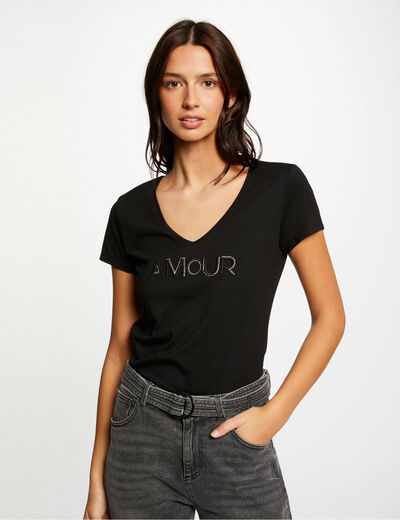 Short-sleeved t-shirt with message black ladies'