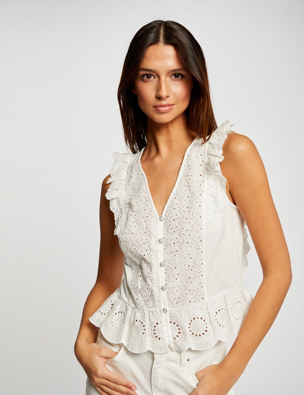Short-sleeved t-shirt with ruffles ecru women