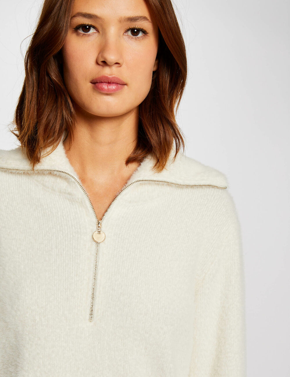 Long-sleeved jumper with zipped collar ivory women