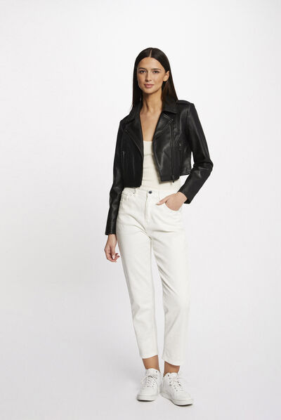 Faux leather straight zipped jacket black ladies'