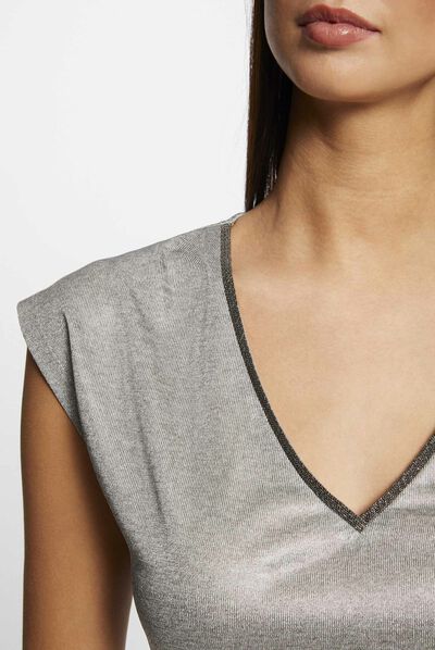 Short-sleeved metallised t-shirt silver ladies'
