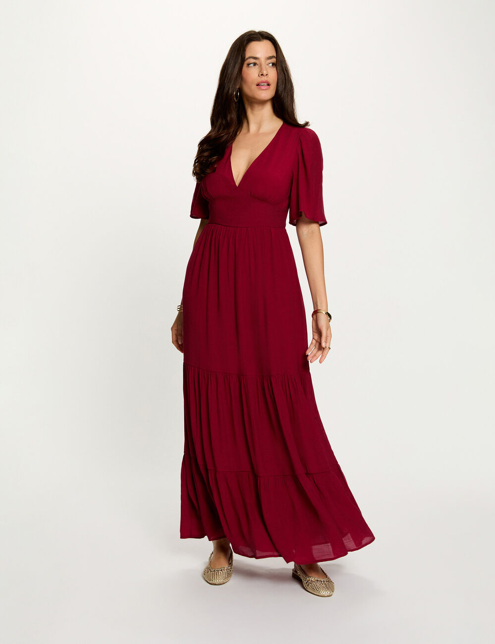 Long dress with V-neck bordeaux women