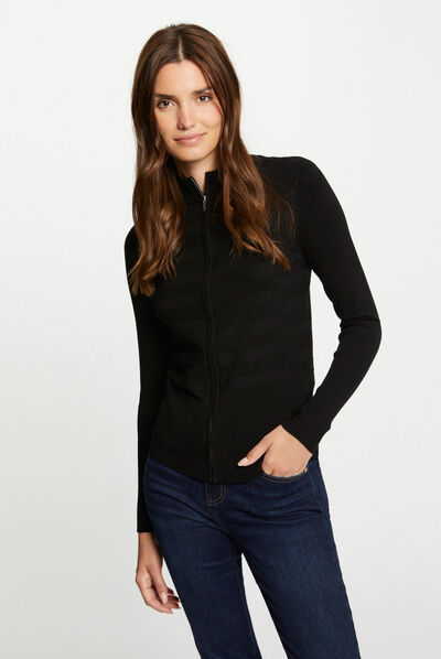 Long-sleeved zipped cardigan black ladies'