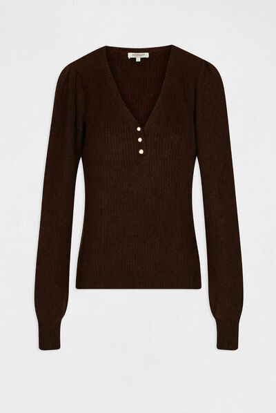 Long-sleeved jumper with V-neck dark brown ladies'