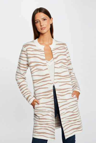 Long cardigan with zebra print ecru ladies'
