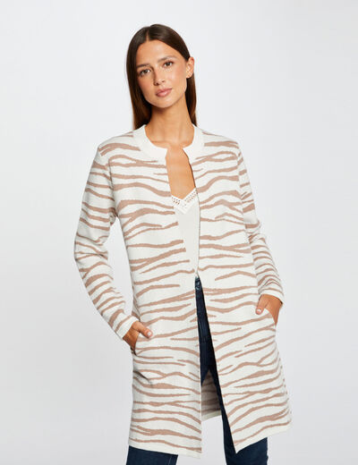 Long cardigan with zebra print ecru ladies'