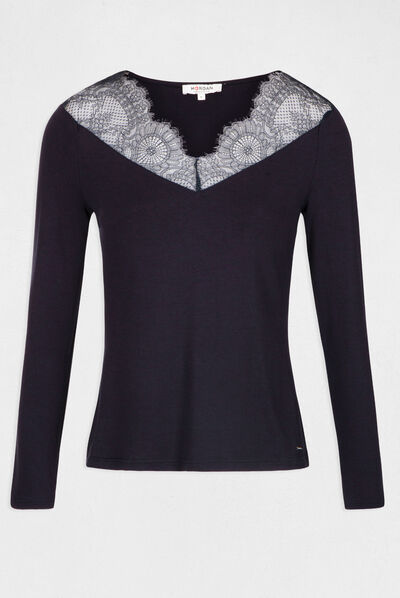 Long-sleeved t-shirt lace collar navy ladies'