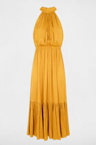 Robe longue évasée fluide jaune moutarde femme