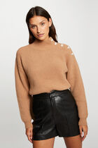 Long-sleeved jumper with buttons camel women
