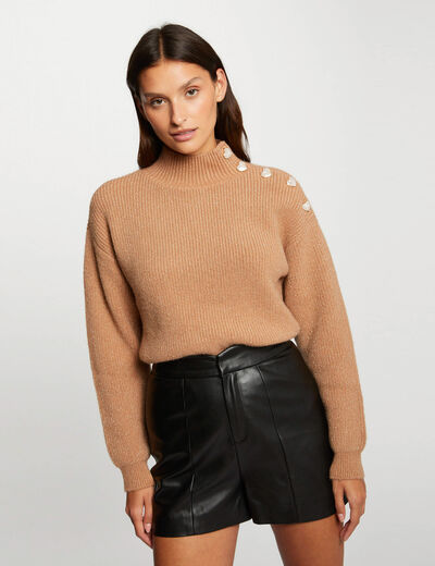 Long-sleeved jumper with buttons camel women