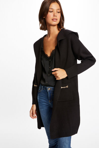 Long cardigan with hood and chains black ladies'