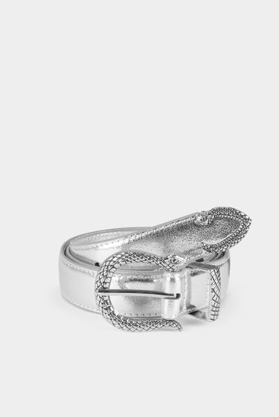 Metallised belt with snake buckle silver ladies'