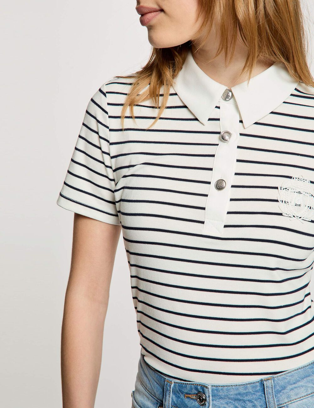 Striped top with polo collar white women