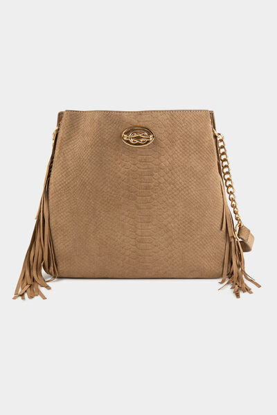 Trapeze bag with croc effect and fringes beige ladies'