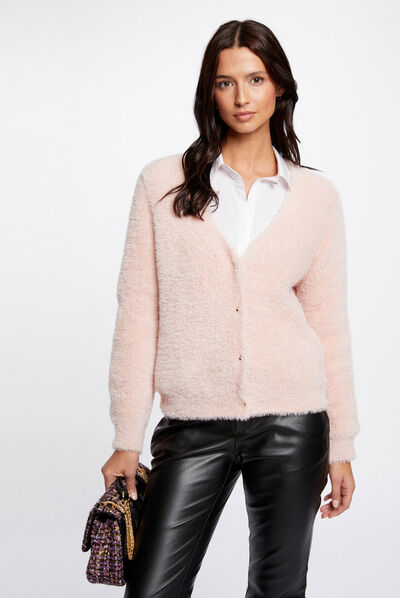 Long-sleeved cardigan with V-neck pink ladies'