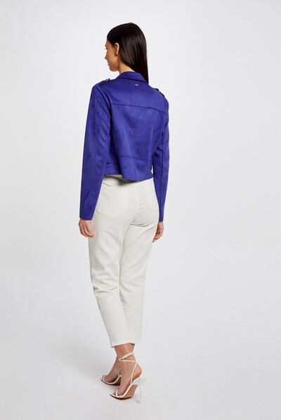 Straight jacket with suede effect mid blue ladies'