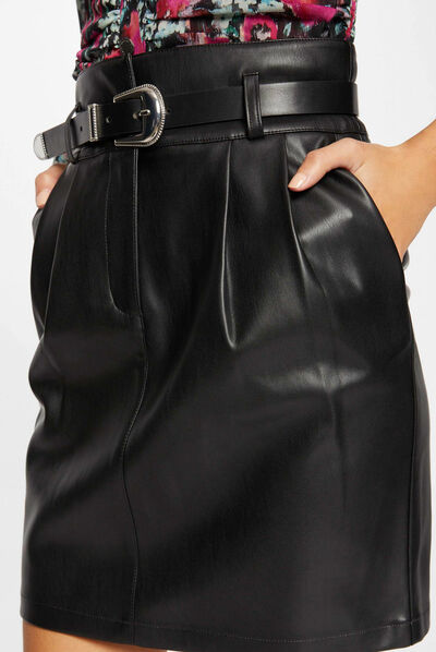 Straight belted skirt in faux leather black ladies'