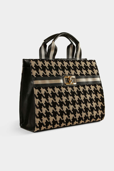 Tote bag with houndstooth print chestnut brown ladies'