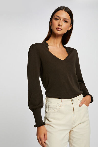Long-sleeved jumper with ruffles dark green ladies'