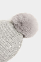 Beanie pom-pom and sequins mid-grey women