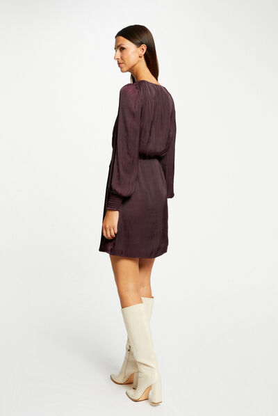 Satin draped waisted dress plum ladies'
