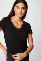V-neck buttoned lace t-shirt black women