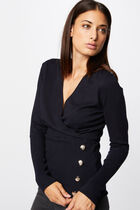 Long-sleeved jumper wrap-over neckline navy blue women