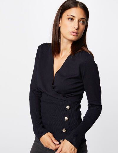 Long-sleeved jumper wrap-over neckline navy blue women