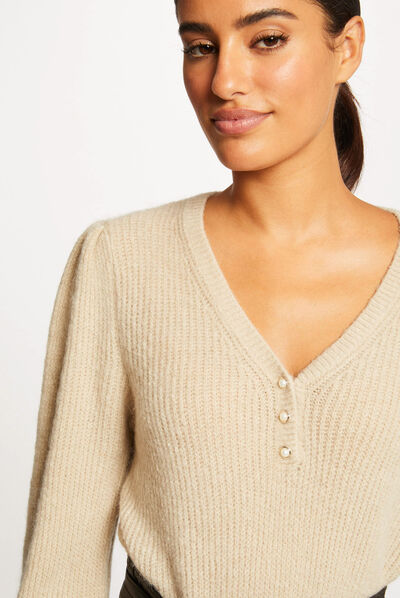 Long-sleeved jumper with V-neck beige ladies'
