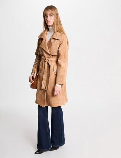 Long suede trenchcoat light brown women
