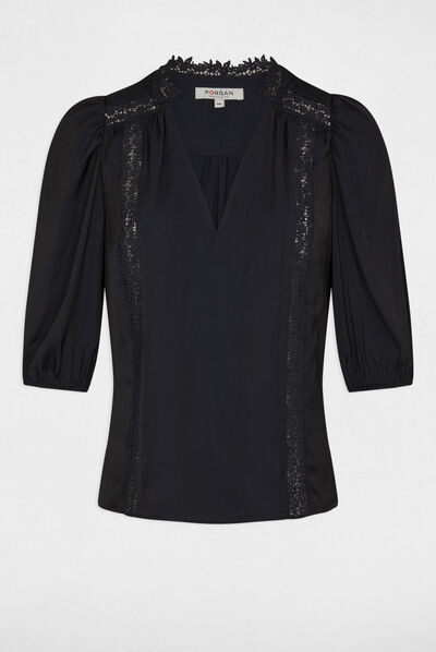 Lace blouse 3/4-length sleeves navy ladies'