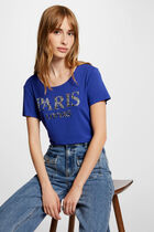 T-shirt message and sequins electric blue women