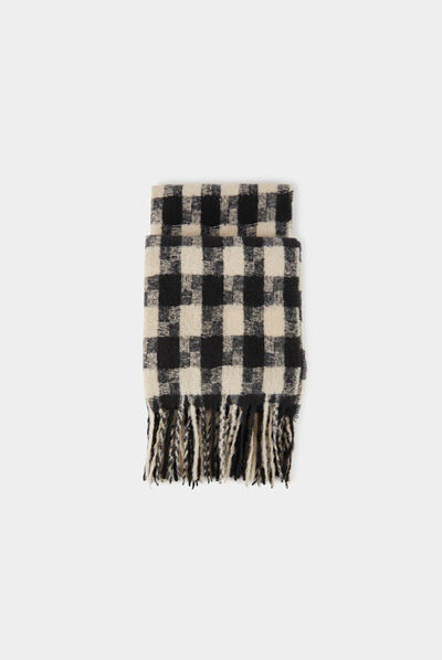 Scarf with fringes and check print black ladies'