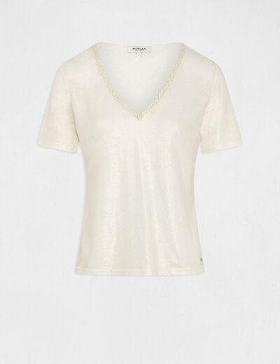 Short-sleeved t-shirt with V-neck ecru women
