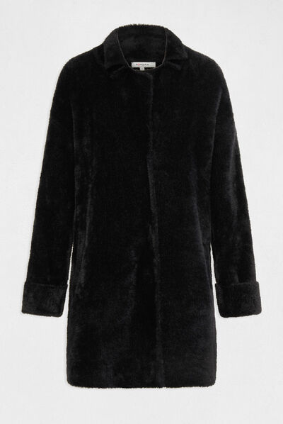 Long straight cardigan fluffy knit black ladies'