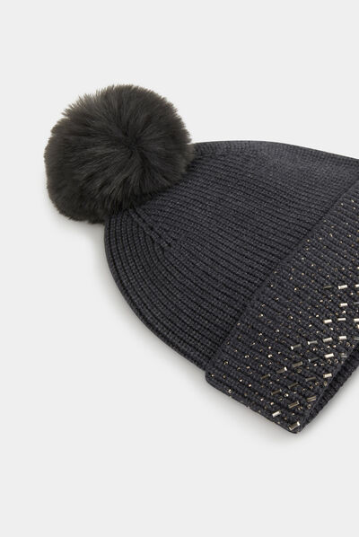 Beanie with rhinestones and pom-pom mid-grey ladies'
