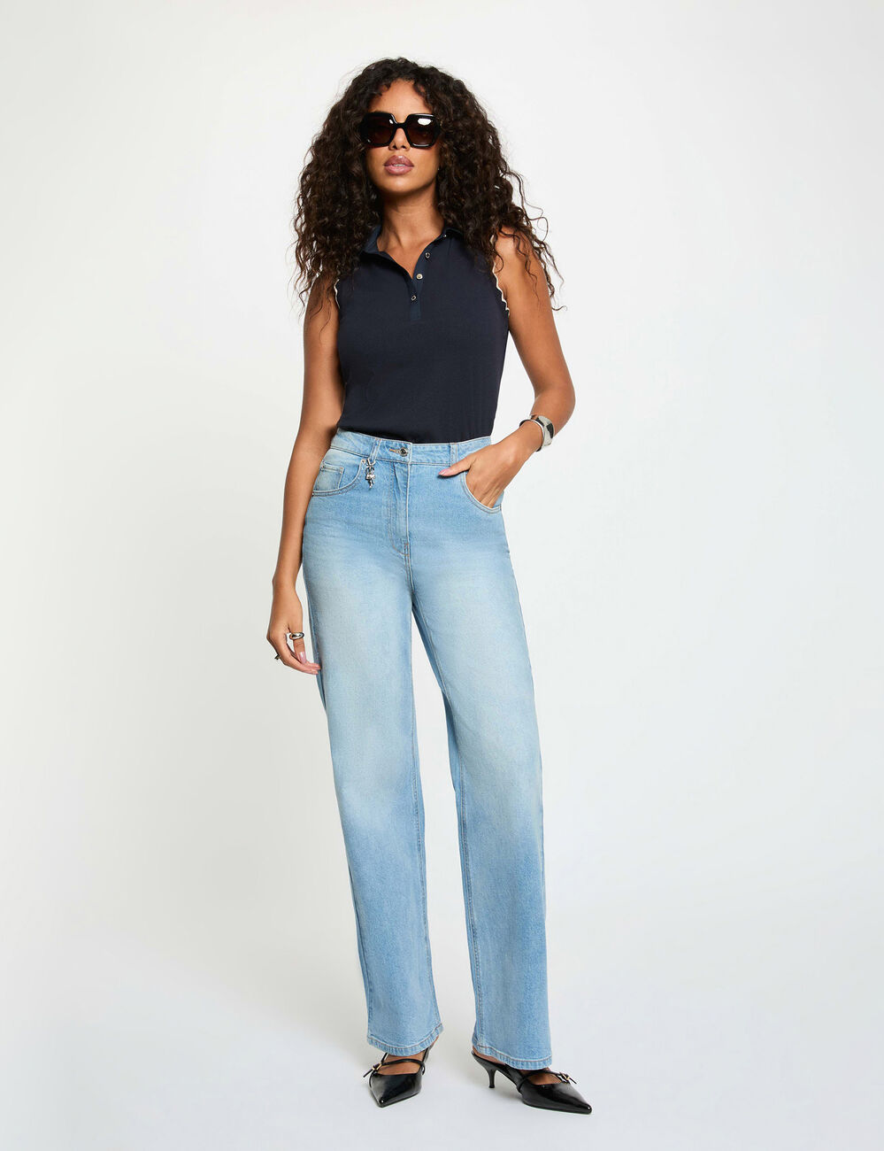 Sleeveless top with a lapel collar navy blue women