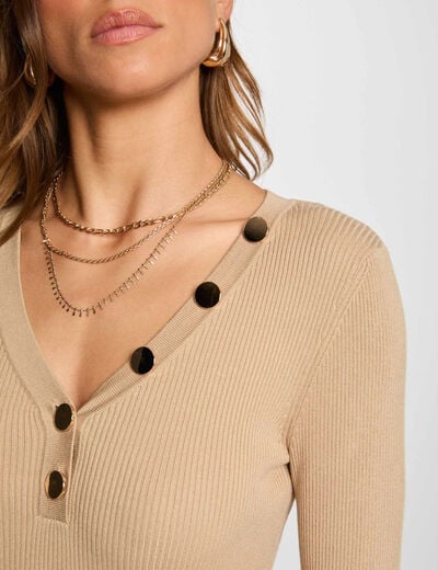 Long-sleeved jumper buttons fine knit light brown women
