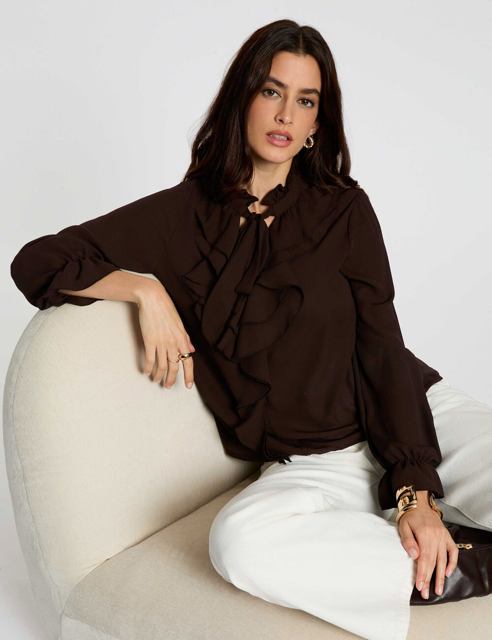 Fitted blouse with V-neck dark brown women