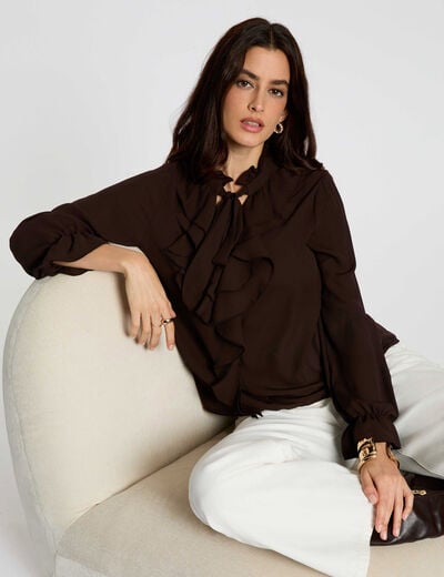Fitted blouse with V-neck dark brown women