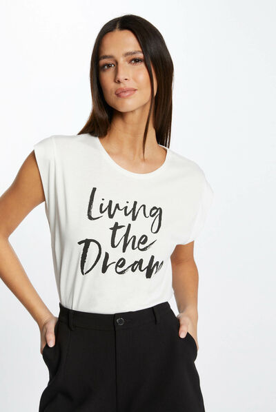 Short-sleeved t-shirt with message ecru ladies'