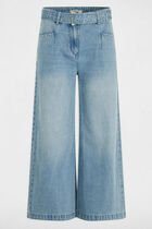 Jeans large 7/8ème ceinturé denim bleach femme