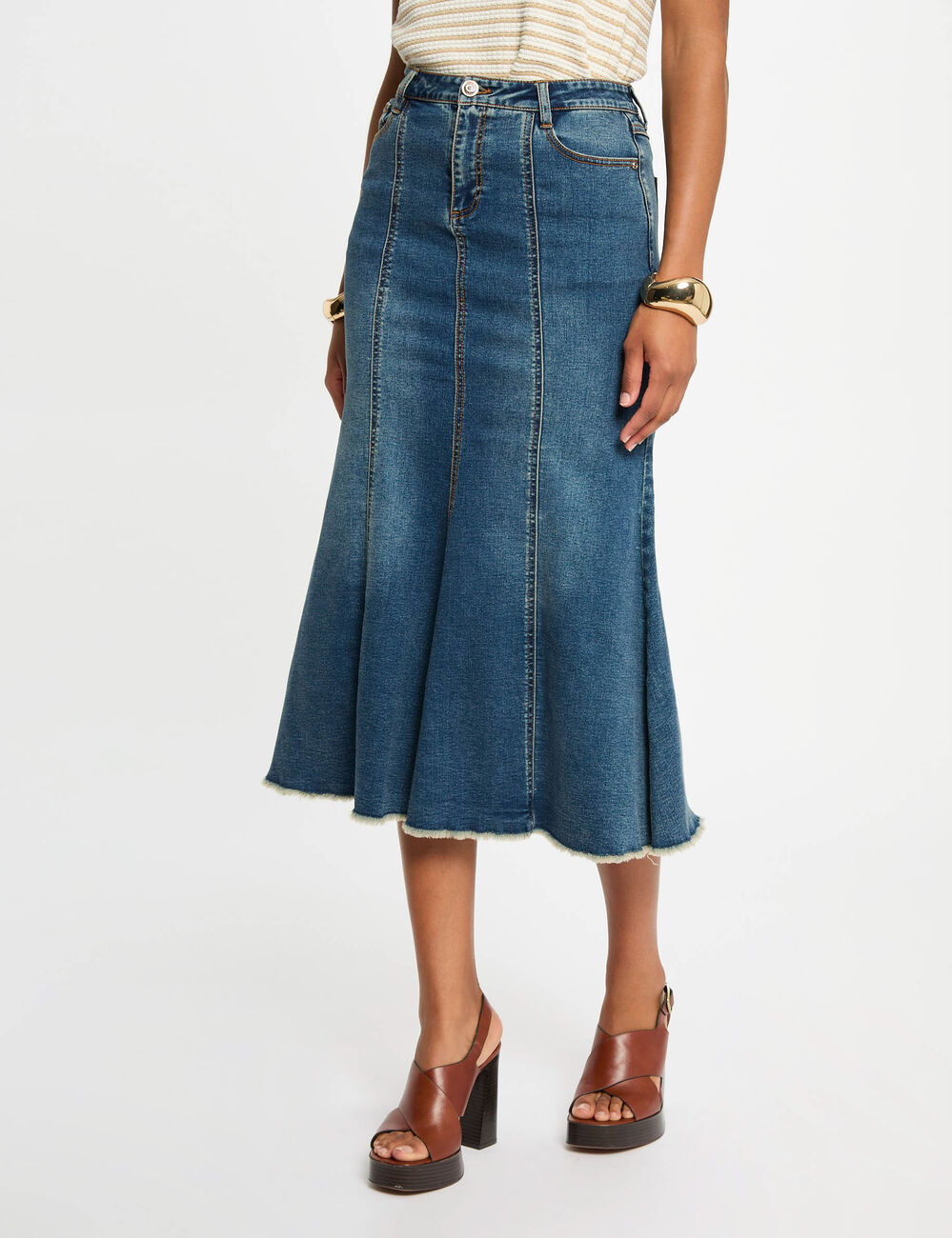 Midi fitted denim skirt stone wash denim women