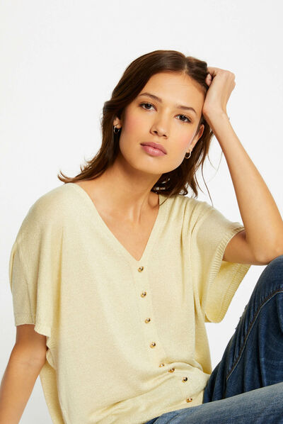 Short-sleeved jumper with buttons straw yellow ladies'